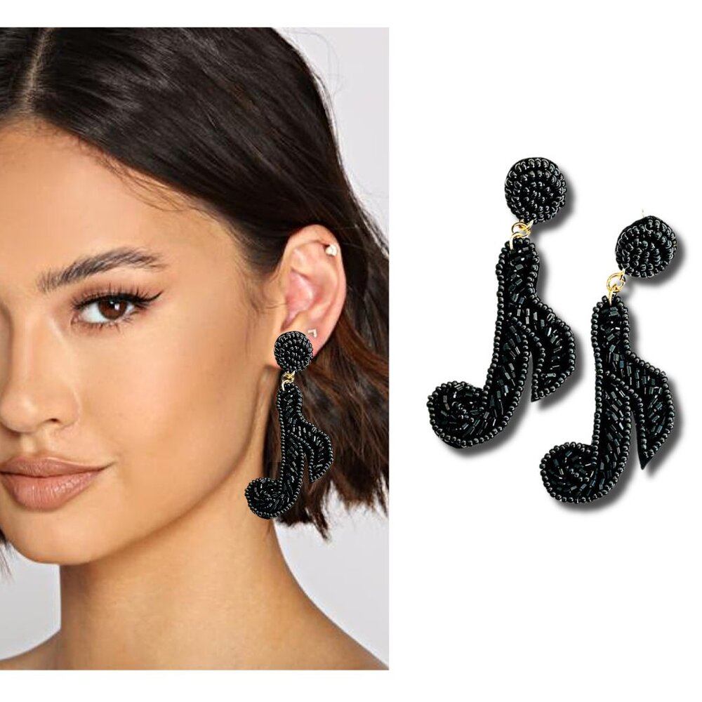 Black Treble Music Note Musical Singer Band Beaded Statement Earrings NEW
